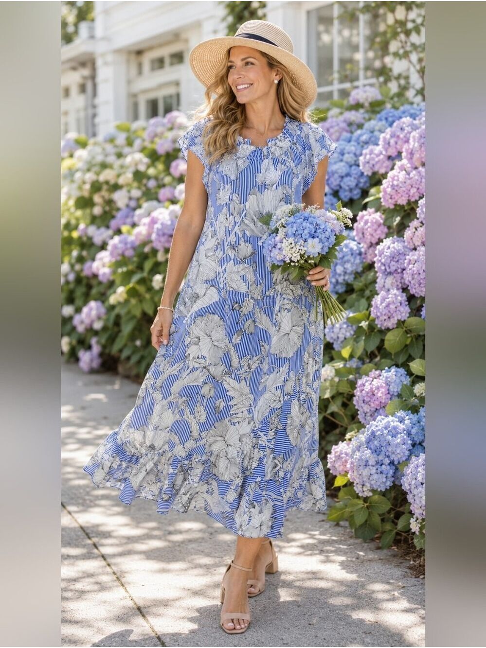 Liz Claiborne Blue Floral Stripe Midi Dress | Coastal Chic LT